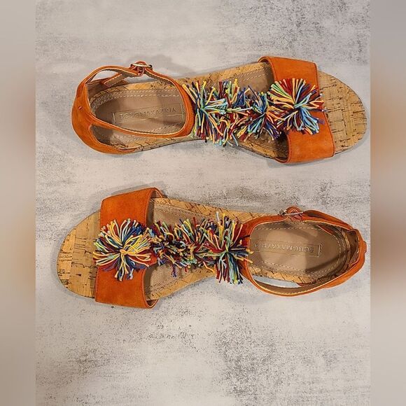 BCBGMaxAzria Orange Suede with Colorful Pom Pom Detail.Sandals, Cork Outsole | 9 - Picture 10 of 10